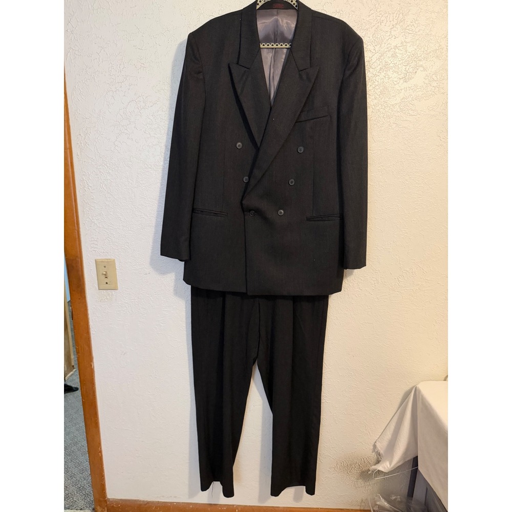 Andre Villard Paris Mens Charcoal Grey 100% Wool Double Breasted Suit Size 44L